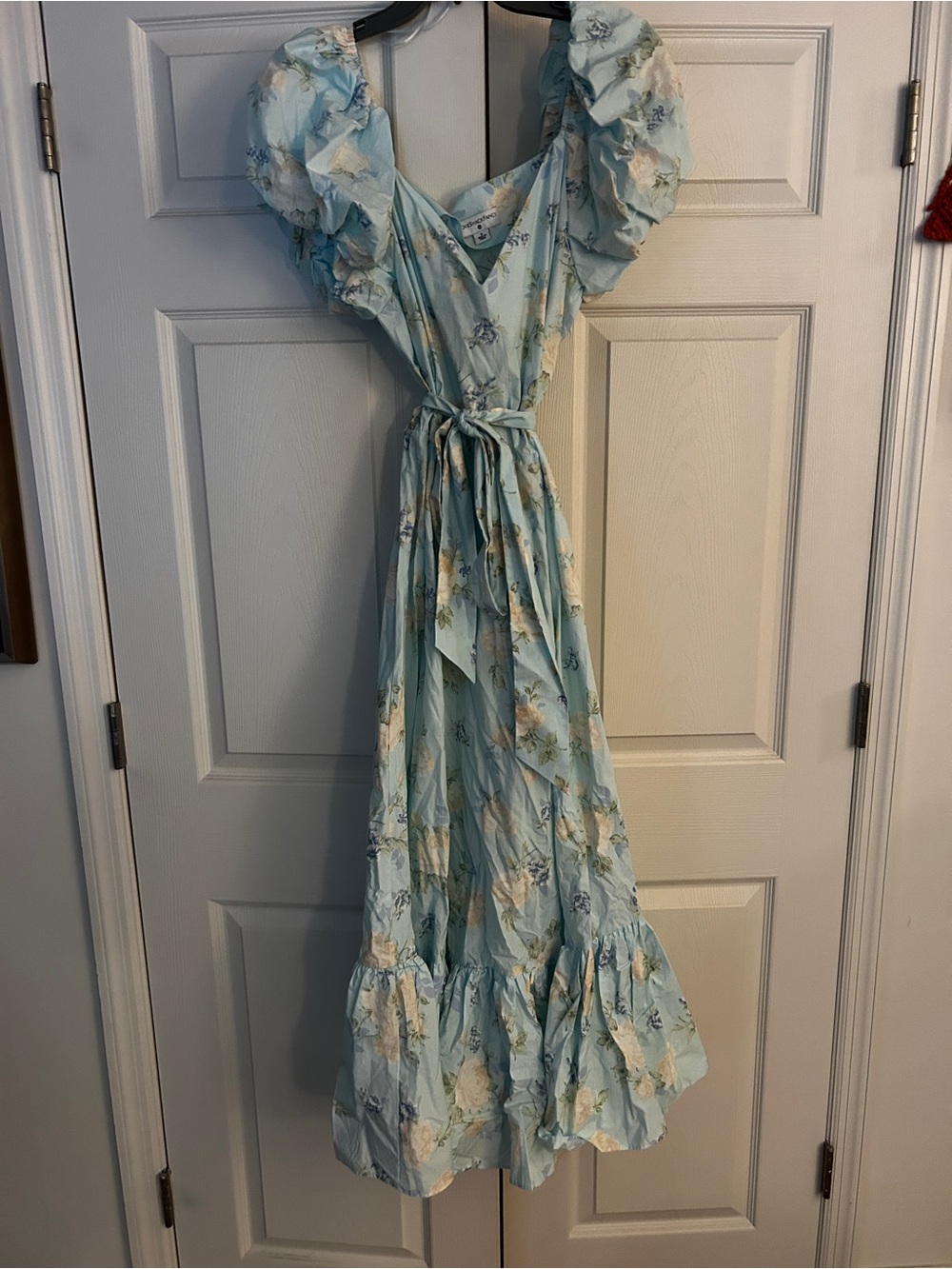 LoveShackFancy Powder Blue Floral Puff-Sleeve Maxi Dress